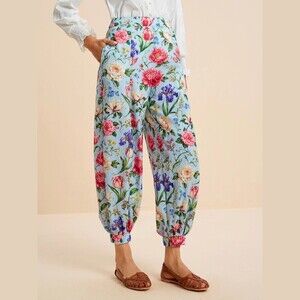 Sky Blue and Pink Floral Print High Waist Elastic Cuff Cropped Harem Pants